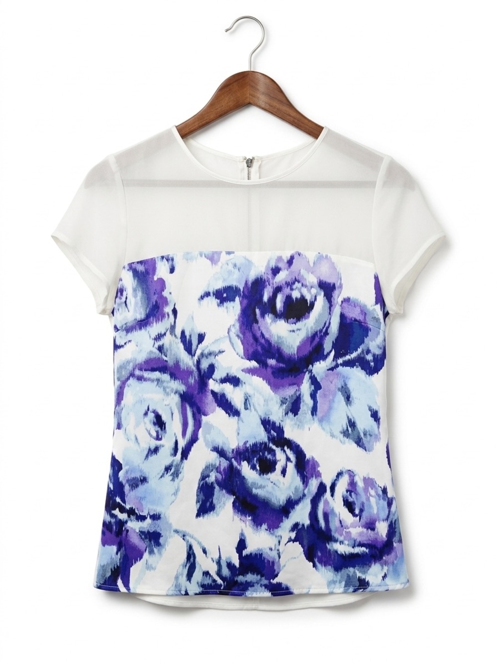 Caché Silk Blend Floral Blouse Top White Purple Y2K Sheer Zip Back S